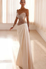 Dazzling Bateau Long Sleeves Satin Prom Dresses Beads Long With Ruffle Pleats-Ballbella