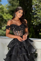 Dazzling Black Off-The-Shoulder A-Line Organza Prom Dress High Split Beads With Lace-Up Back-Ballbella