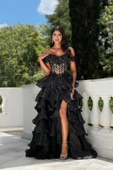 Dazzling Black Off-The-Shoulder A-Line Organza Prom Dress High Split Beads With Lace-Up Back-Ballbella