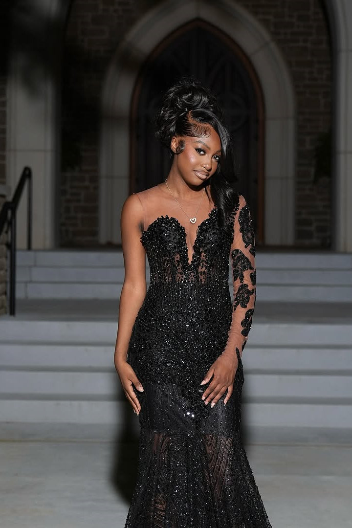 Dazzling Black V-Neck One Shoulder Long Sleeves Prom Dresses Gem Beads with Zipper Lace-Up Back