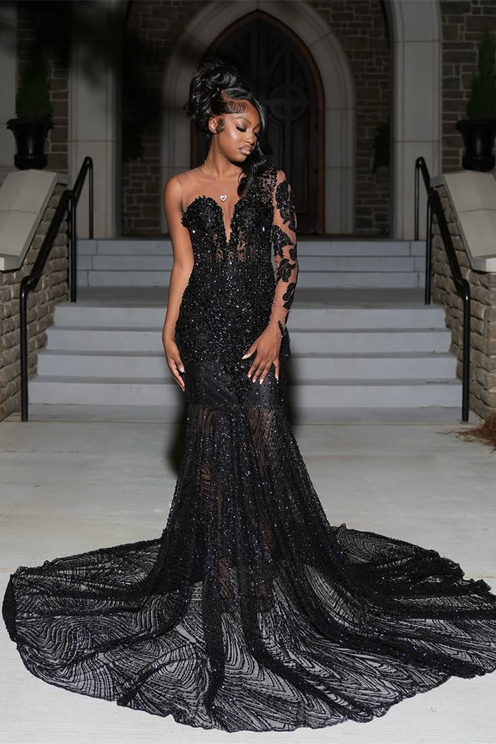 chinese dress ladies Colette Black A-Line V-Neck Satin Lace Appliques Prom Dress with Slit Black / 10