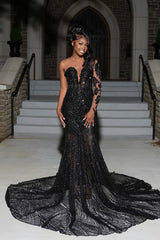Dazzling Black V-Neck One Shoulder Long Sleeves Prom Dresses Gem Beads With Zipper Lace-Up Back-Ballbella