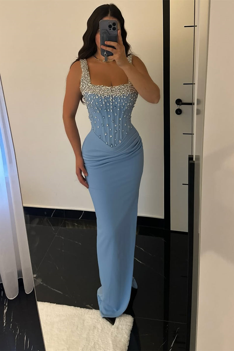 dazzling blue dress Square Straps Sleeveless Satin Prom Dresses Mermaid Sheath With Gem fit summer dress features APDMarch24 Rosemary Clooney's White Christmas Women's Clothing Size:XSmall