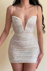 Dazzling Ivory Sequins V-Neck Mini Homecoming Dresses Spaghetti-Straps Sleeveless With Lace-Up Back-Ballbella