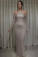 Dazzling Off-The-Shoulder Long Sleeves Mermaid Prom Dresses Beads With Pearls-Ballbella