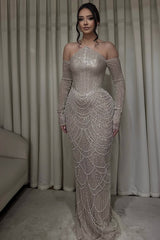 Dazzling Off-The-Shoulder Long Sleeves Mermaid Prom Dresses Beads With Pearls-Ballbella