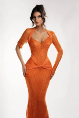 Dazzling Orange V-Neck Halter One Shoulder Prom Dress Mermaid Sheath With Beads-Ballbella