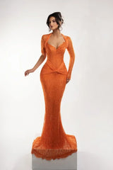 Dazzling Orange V-Neck Halter One Shoulder Prom Dress Mermaid Sheath With Beads-Ballbella