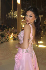 Dazzling Pink Sweetheart Straps Sleeveless Satin Prom Dress High Split With Lace-Up Back-Ballbella