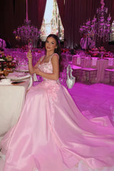 Dazzling Pink Sweetheart Straps Sleeveless Satin Prom Dress High Split With Lace-Up Back-Ballbella