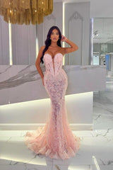 Dazzling Pink V-Neck Strapless Sleeveless Lace Prom Dresses Mermaid Sheath With Beads-Ballbella