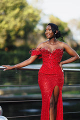 Dazzling Red Sweetheart One Shoulder Mermaid Prom Dresses High Split With Beads-Ballbella