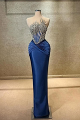 Dazzling Royal Blue Strapless Sleeveless Mermaid Prom Dresses Column Gem With Beads-Ballbella