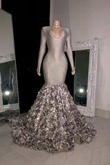 Dazzling Silver V-Neck Long Sleeves Mermaid Prom Dresses Column Gem With Flower-Ballbella