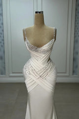 Dazzling Spaghetti-Straps Sleeveless V-Neck Satin Prom Dress Mermaid Sheath With Pearls-Ballbella
