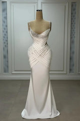 Dazzling Spaghetti-Straps Sleeveless V-Neck Satin Prom Dress Mermaid Sheath With Pearls-Ballbella