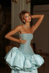 Dazzling Strapless Sleeveless Satin Prom Dresses A-Line Long With Pleats-Ballbella