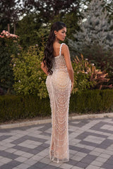 Dazzling Straps Sleeveless Mermaid Prom Dresses Column Pearls With Lace-Up Back-Ballbella