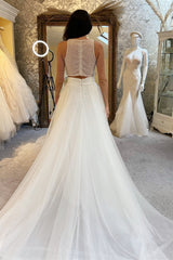 Dazzling Tulle Sleeveless A-Line Wedding Dresses Two Pieces Long With Sequins-Ballbella