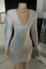 Dazzling V-Neck Long Sleeveless Mini Sequins Prom Dresses Sheath On Sale-Ballbella