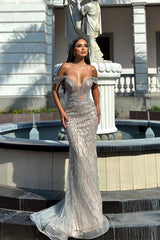 Dazzling V-Neck Off-The-Shoulder Mermaid Prom Dresses Column Long With Gem-Ballbella