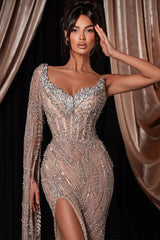Dazzling V-Neck One Shoulder Mermaid Prom Dresses Sheath Gem With High Split-Ballbella