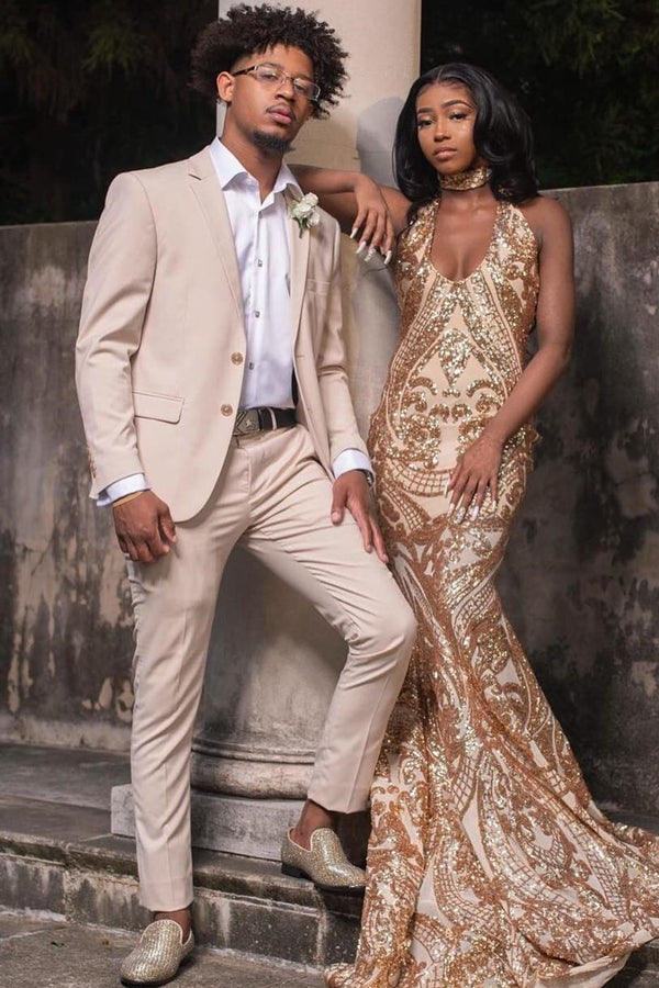 Light Champagne Notched Lapel Two-Button Prom Suit with Flaps