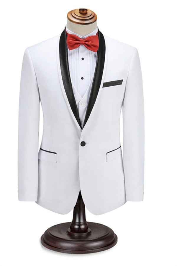 Ballbella made this Decent Men Two Piece Wedding Groom Suits, Slim Fit Shawl White Tuxedo with rush order service. Discover the design of this White Solid Shawl Lapel Single Breasted mens suits cheap for prom, wedding or formal business occasion.