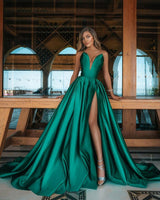 Ballbella offers Deep Double V-neck Evening Maxi Dress Satin Front Split Party Gowns at a good price. It features elastic Silk-like Satin and Floor-length hem. Check our Gorgeous yet affordable Sleeveless Prom Dresses collections.