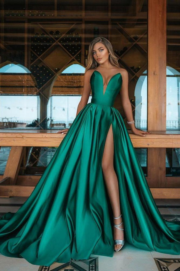 Deep Double V-neck Evening Maxi Dress Satin Front Split Party Gowns-Ballbella