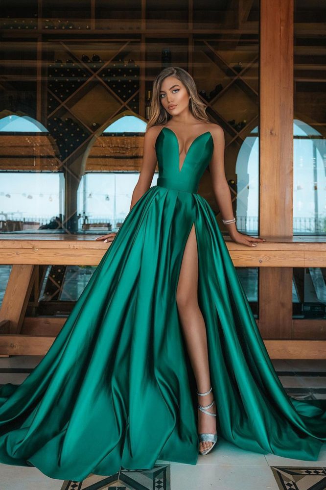 Ballbella offers Deep Double V-neck Evening Maxi Dress Satin Front Split Party Gowns at a good price. It features elastic Silk-like Satin and Floor-length hem. Check our Gorgeous yet affordable Sleeveless Prom Dresses collections.