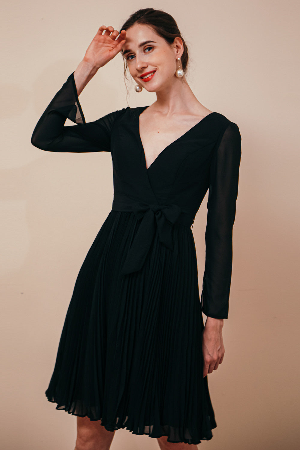 long sleeve bow tie neck dress Deep V-neck Long sleeves Bowtie Little Black Dress, Black / US2