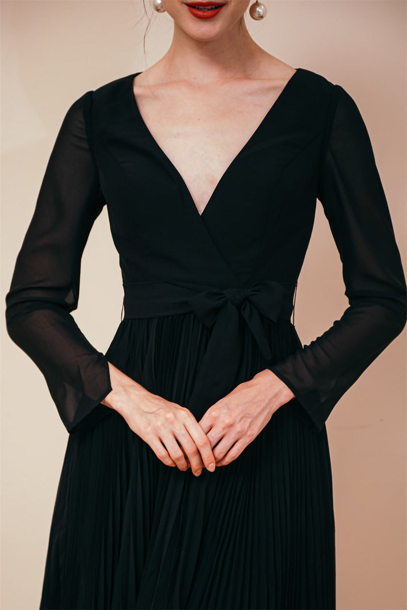 Deep V-neck Long sleeves Bowtie Little Black Dress-Ballbella