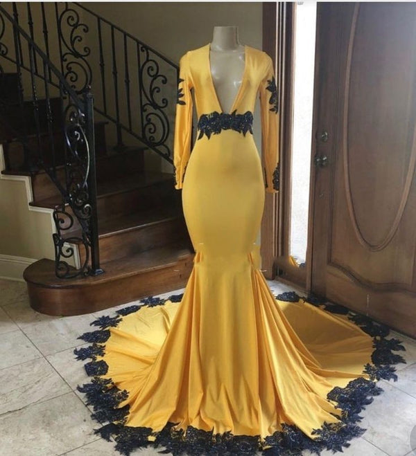 Looking for Prom Dresses, Evening Dresses, Real Model Series in Stretch Satin,  Mermaid style,  and Gorgeous Lace work? Ballbella has all covered on this elegant Deep V-neck Long Sleevess Black Appliques Yellow Mermaid Prom Dresses.