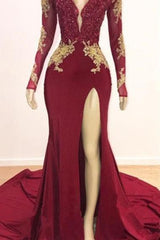Deep V-neck Long Sleevess Lace Appliques Split Mermaid Evening Gowns-Ballbella
