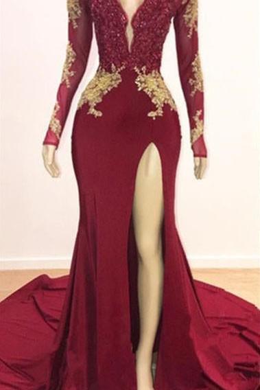 Deep V-neck Long Sleevess Lace Appliques Split Mermaid Evening Gowns-Ballbella