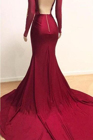 Deep V-neck Long Sleevess Lace Appliques Split Mermaid Evening Gowns-Ballbella