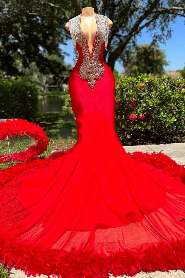 Deep V-neck Mermaid Ruby Feather Silver Beaded Prom Dresses-Ballbella