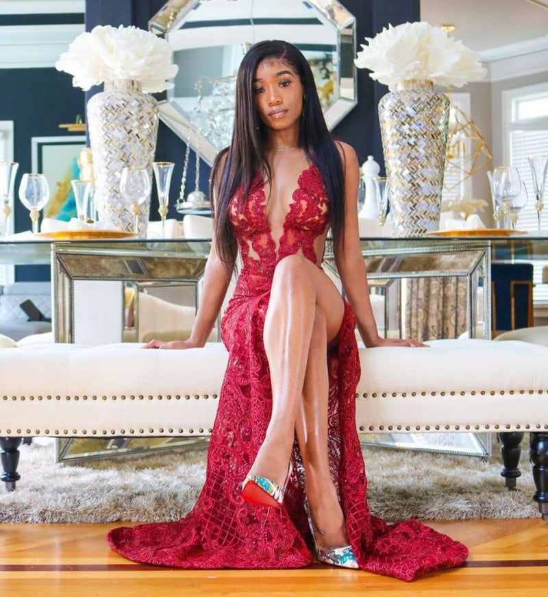Ballbella offers Deep V-Neck Red Prom Party GownsFloral Lace Appliques Split Front Party Dress at a good price from Lace to Mermaid Floor-length hem. Gorgeous yet affordable Sleeveless Prom Dresses, Evening Dresses.