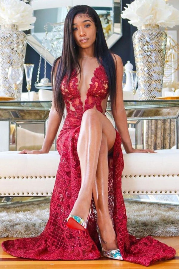 Deep V-Neck Red Prom Party GownsFloral Lace Appliques Split Front Party Dress Deep V-Neck Red Prom Party GownsFloral Lace Appliques Split Front Party Dress