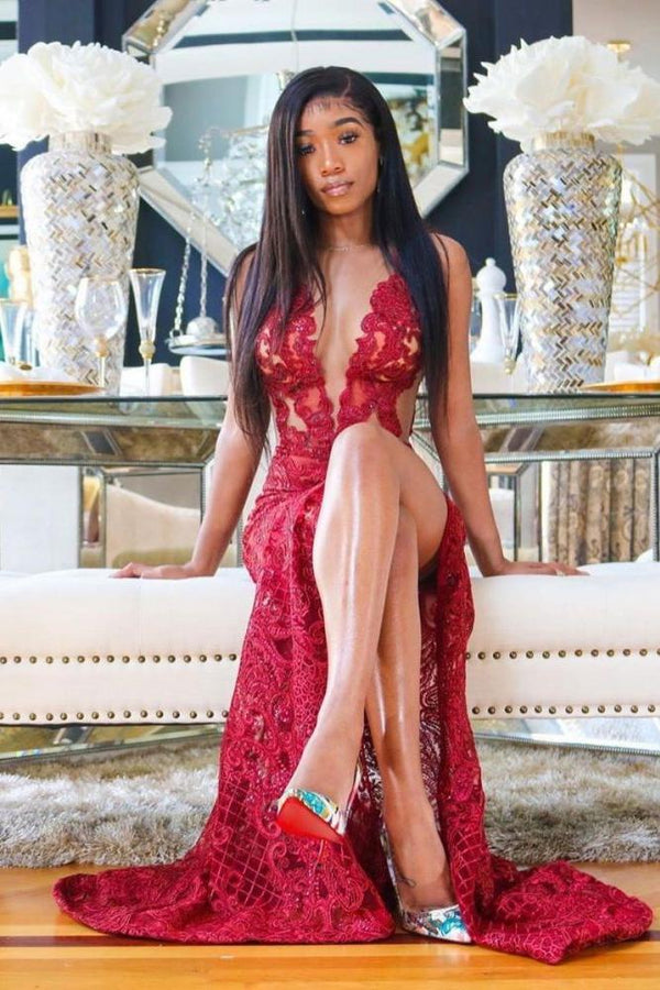 Deep V-Neck Red Prom Party GownsFloral Lace Appliques Split Front Party Dress Deep V-Neck Red Prom Party GownsFloral Lace Appliques Split Front Party Dress