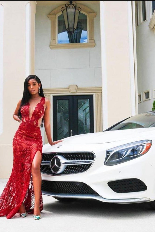 Deep V-Neck Red Prom Party GownsFloral Lace Appliques Split Front Party Dress Deep V-Neck Red Prom Party GownsFloral Lace Appliques Split Front Party Dress