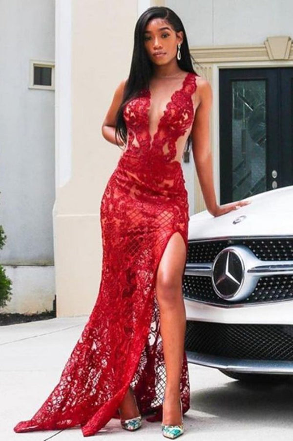 Deep V-Neck Red Prom Party GownsFloral Lace Appliques Split Front Party Dress Deep V-Neck Red Prom Party GownsFloral Lace Appliques Split Front Party Dress