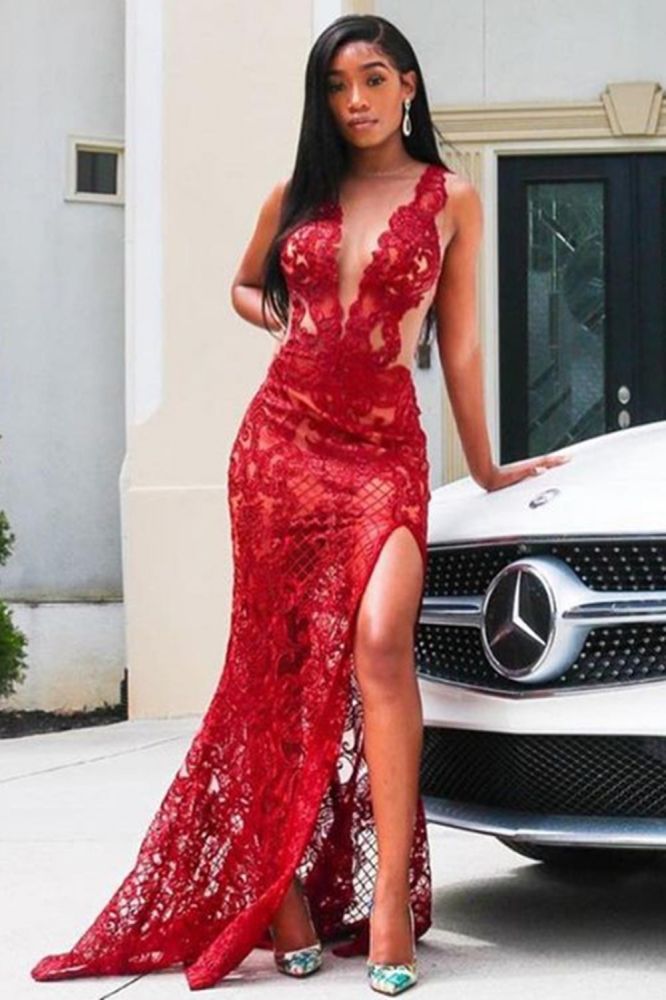 Ballbella offers Deep V-Neck Red Prom Party GownsFloral Lace Appliques Split Front Party Dress at a good price from Lace to Mermaid Floor-length hem. Gorgeous yet affordable Sleeveless Prom Dresses, Evening Dresses.