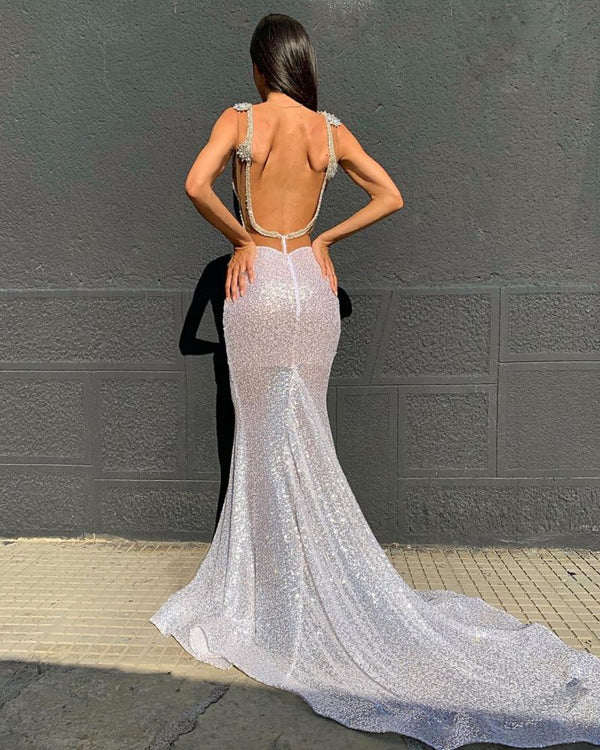 Ballbella offers Deep V-neck Sparkling Sequins Beading Chic Evening Gowns Backless Mermaid Sleeveless Prom Dresses With Court Train On Sale at an affordable price from Sequined to Mermaid Floor-length skirts. Shop for gorgeous Sleeveless Prom Dresses, Evening Dresses collections for special events.