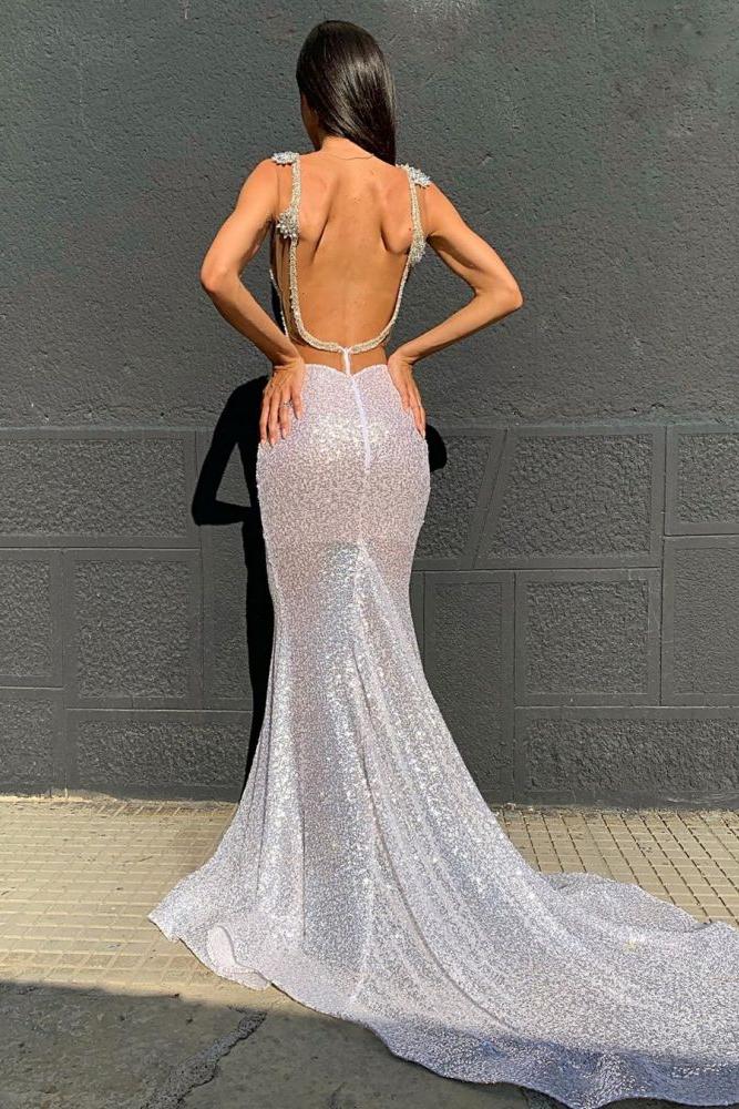 Deep V-neck Sparkling Sequins Beading Chic Evening Gowns Backless Mermaid Sleeveless Prom Dresses With Court Train-Ballbella
