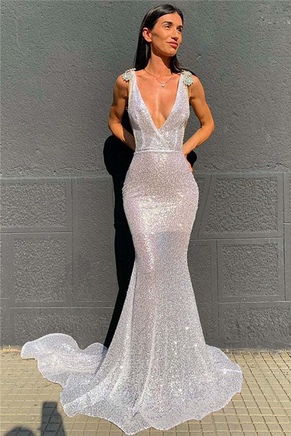 Ballbella offers Deep V-neck Sparkling Sequins Beading Chic Evening Gowns Backless Mermaid Sleeveless Prom Dresses With Court Train On Sale at an affordable price from Sequined to Mermaid Floor-length skirts. Shop for gorgeous Sleeveless Prom Dresses, Evening Dresses collections for special events.