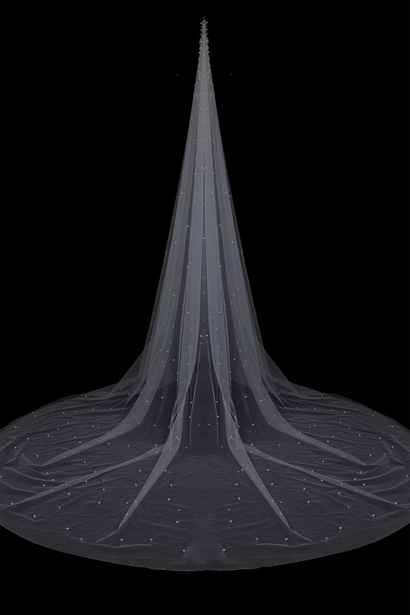 Deirdre Simple Long Tulle With Pearls Wedding Veils-Ballbella