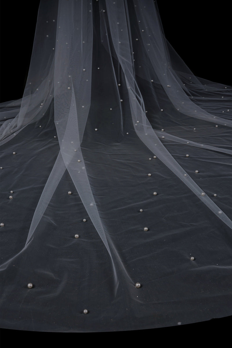 Deirdre Simple Long Tulle With Pearls Wedding Veils-Ballbella