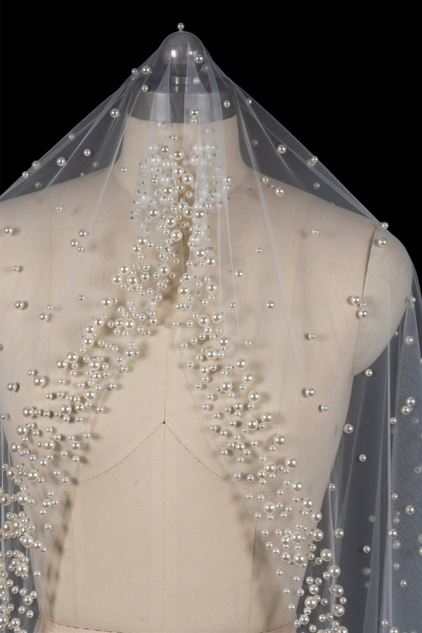 Deirdre Simple Long Tulle With Pearls Wedding Veils-Ballbella